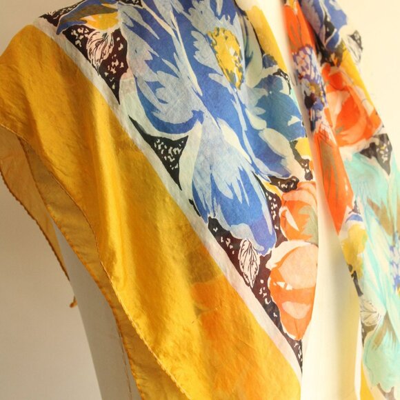 Vintage 1940s 1950s Silk Scarf, Square Floral Print Headscarf, Blue Teal Gold an - Picture 7 of 10